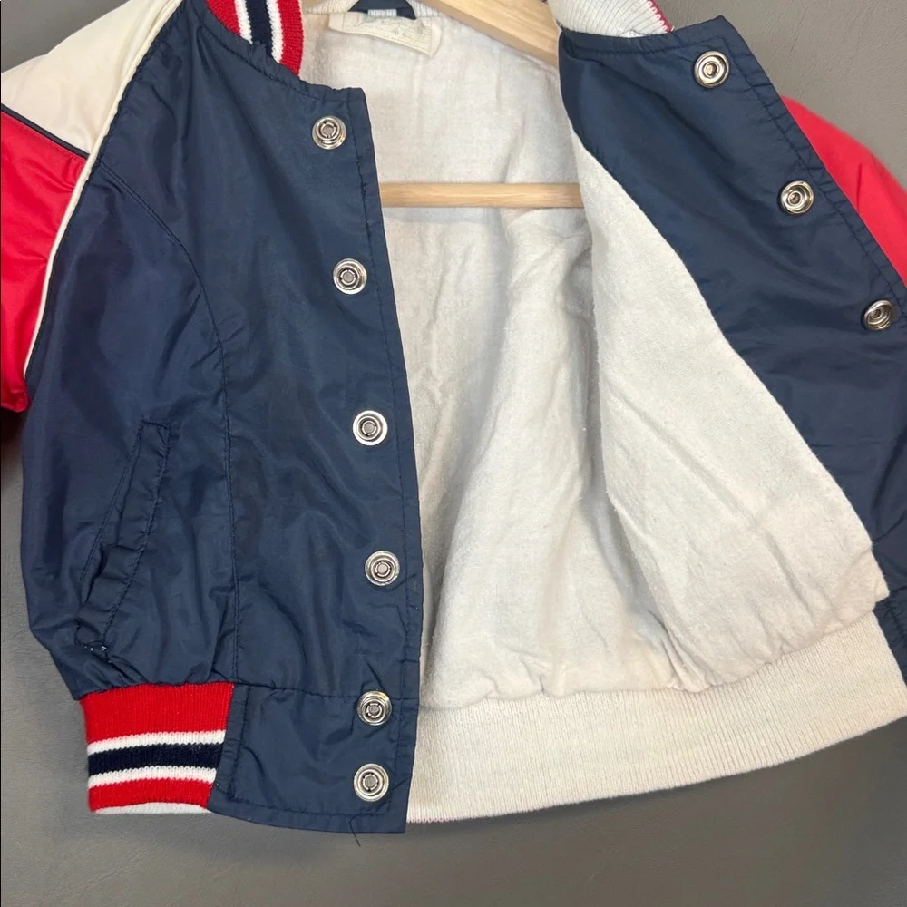 Vintage Kids Varsity Bomber Jacket Red White Blue Nylon Snap Front 70s-80s